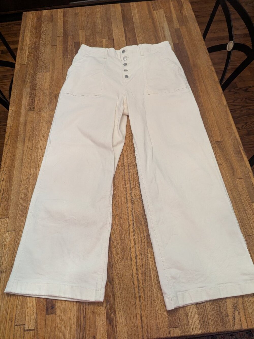 Cream Denim Silver Button Fly High Waisted Wide Leg Flattering Pants Sonoma SZ16
